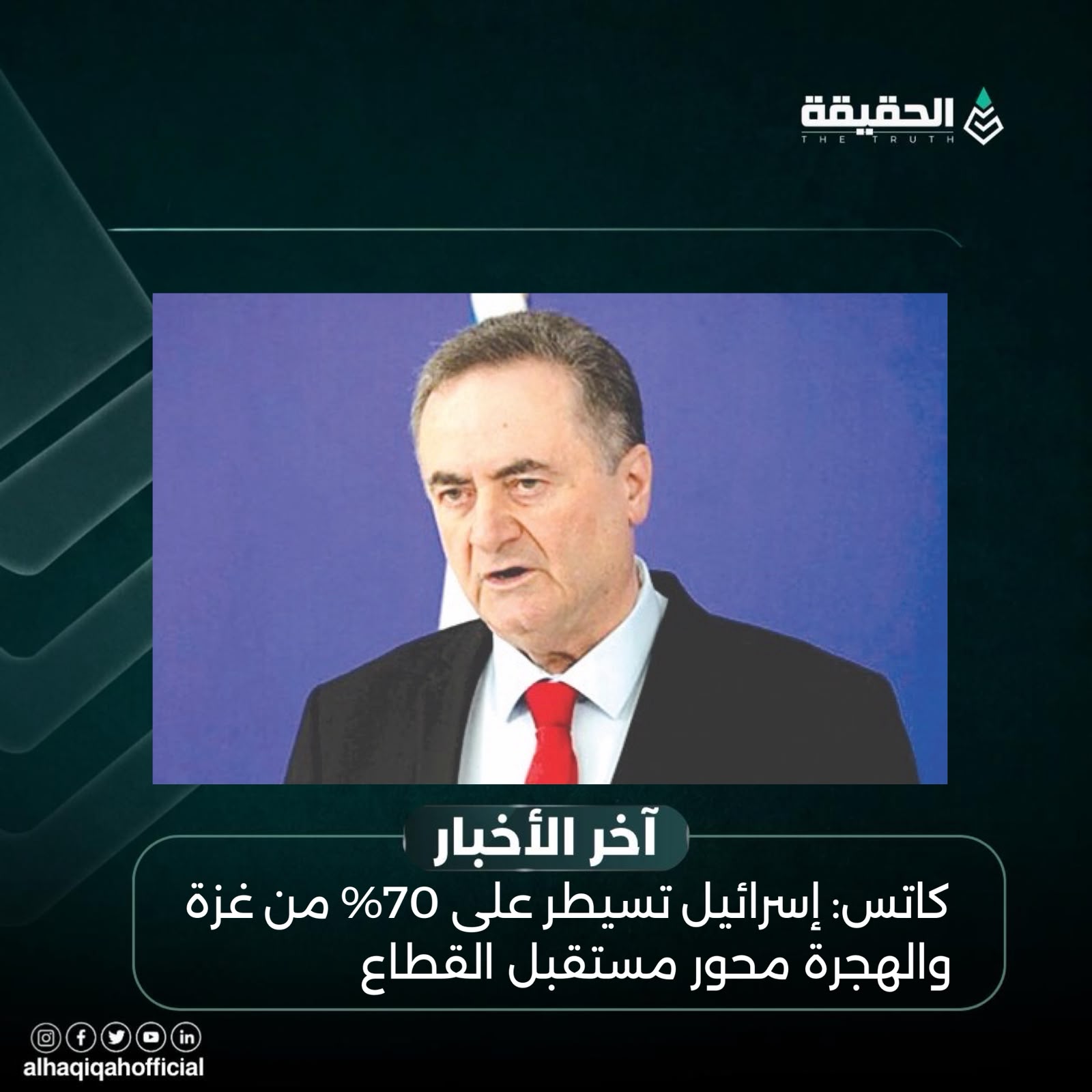 كاتس: إسرائيل تسيطر على 70% من غزة والهجرة محور مستقبل القطاع
