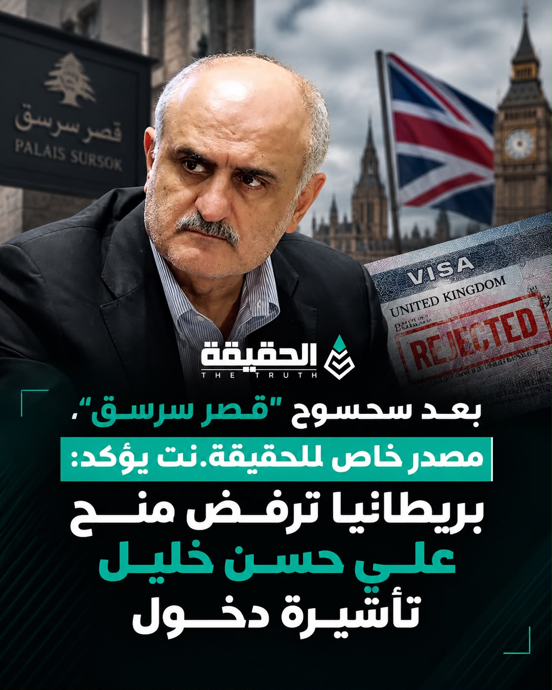 بعد سحسوح "قصر سرسق"، مصدر خاص للحقيقة.نت يؤكد: بريطانيا ترفض منح علي حسن خليل تأشيرة دخول